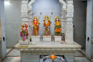 Beautiful idols of Lord Rama, Goddess Sita, Lord Hanuman, and Laxman being worshipped at a Hindu temple in Mumbai, India